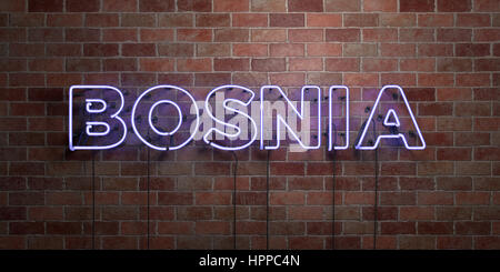 BOSNIA - fluorescent Neon tube Sign on brickwork - Front view - 3D rendered royalty free stock picture. Can be used for online banner ads and direct m Stock Photo