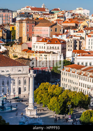 LISBON, PORTUGAL - JANUARY 10, 2017: Column of Pedro IV on Rossio Square (Pedro IV Square) in Lisbon as seen from Elevador da Santa Justa viewpoint. Stock Photo