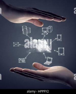 Hand drawn technology and computer icons around cloud with hands on gray background, cloud computing concept. Stock Photo