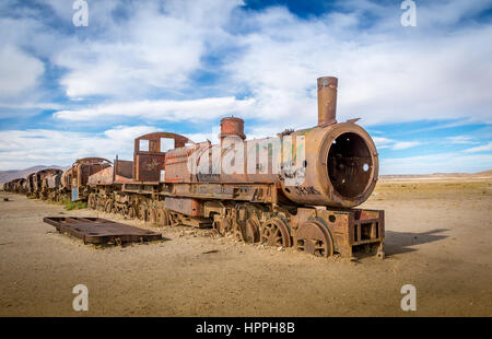 Abandoned rusty old train in train cemetery, Bolivia Stock Photo