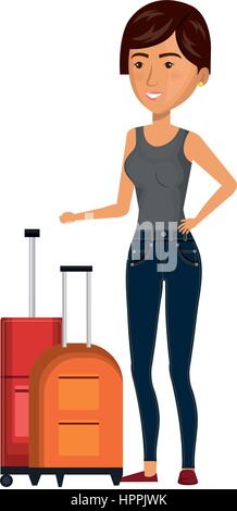 cartoon short hair woman with pair travel briefcases Stock Vector