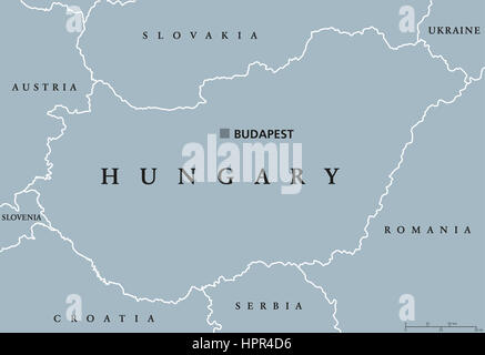 Hungary political map with capital Budapest, national borders and neighbor countries. Unitary parliamentary republic in Central Europe. Stock Photo