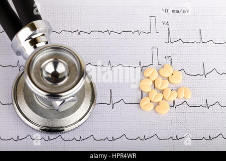 Electrocardiogram graph report with stethoscope and pills on it Stock Photo