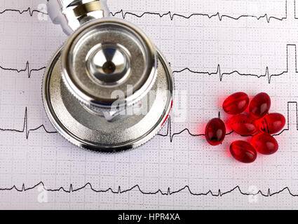Electrocardiogram graph report with stethoscope and pills on it Stock Photo
