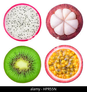 Isolated tropical fruits slices. Pieces of dragonfruit, mangosteen, kiwi and passion fruit isolated on white background with clipping path Stock Photo