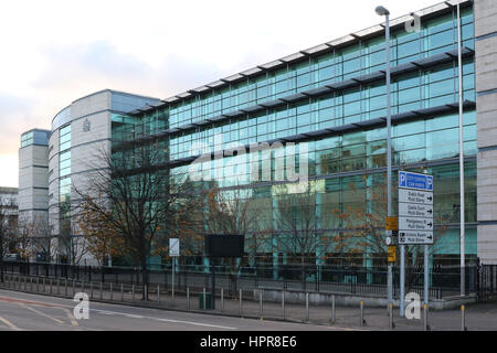 The Laganside Courts complex in Belfast, Northern Ireland. The courts house Crown Courts, County Courts, Family Care Courts and Magistrates Courts. Stock Photo