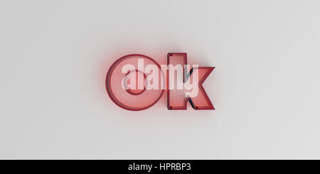 Ok - Red glass text on white background - 3D rendered royalty free stock image. Stock Photo