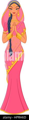 Beautiful indian girl in traditional saree. Vector illustration isolated on white background. Stock Vector