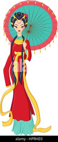 Chinese lady in traditional dress holding umbrella. Vector illus Stock Vector
