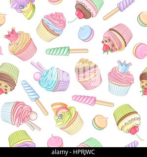 Colorful cupcake lollipop marshmallow seamless pattern. Vector i Stock Vector