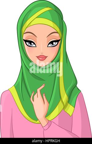 Beautiful muslim girl in green hijab. Vector illustration isolat Stock Vector