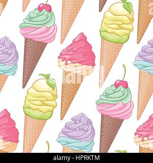 Bright colorful ice cream seamless pattern on white background. Stock Vector