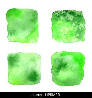 Green watercolor hand drawn banners set for you eco design. Vector watercolour paper grain textured banners. Abstract hand paint stains isolated on wh Stock Vector
