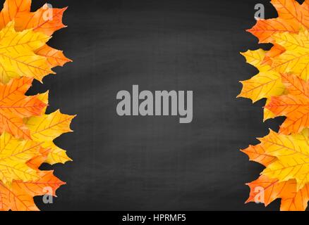 Autumn background with realistic autumn maple leaves on blackboard. Vector back to school chalkboard banner Stock Vector