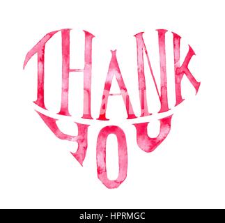 Red vector watercolor Thank you lettering heart shape isolated on white background. Hand writing greeting card Stock Vector