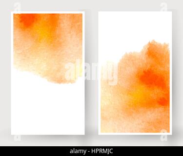 Vector set of vertical banners with watercolor splash. Orange watercolour design cards set Stock Vector