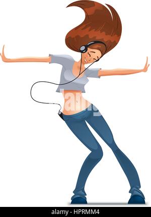 Young girl dancing and listening to music with headphones. Vector go-go dancer isolated on white background Stock Vector