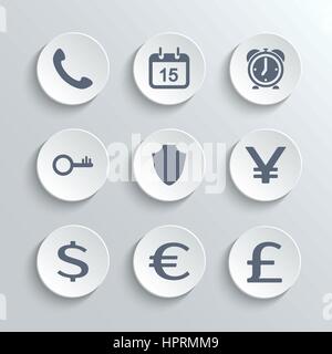 Finance icons set - vector white round buttons with phone calendar alarm clock key shield euro dollar pound yen Stock Vector