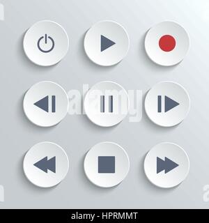 Media player control ui icon set- vector white round buttons Stock Vector