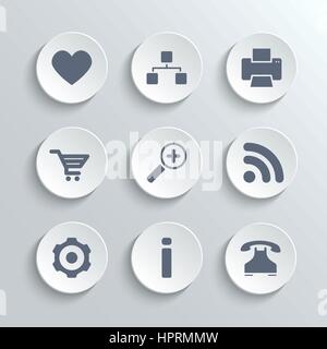 Web icons set - vector white round buttons with heart follow printer sitemap shopping cart zoom rss settings gear information telephone Stock Vector