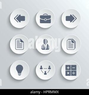 Office icons set - vector white round buttons with left right arrows document copy man avatar lamp team network calculator Stock Vector