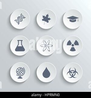 Science icons set - vector white round buttons with dna maple leaf graduation cap atom radioactivity bio hazard laboratory bulb globe drop water Stock Vector