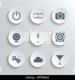 Multimedia icons set - vector white round buttons with power film camera webcam party disco game cloud cocktail symbols Stock Vector