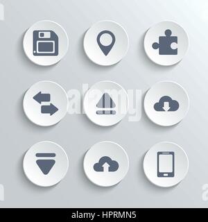 Web icons set - vector white round buttons with pin puzzle synchronization up down arrows cloud download upload phone diskette Stock Vector