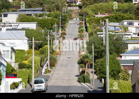 Dunedin, Otago, New Zealand. View from the bottom of Baldwin Street, the world's steepest residential street. Stock Photo