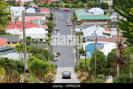 Dunedin, Otago, New Zealand. View from the top of Baldwin Street, the world's steepest residential street. Stock Photo