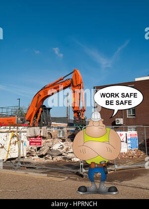 J mould Demolition Company based in Reading Berkshire, demolition of building with work safe message Stock Photo