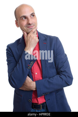 Thinking man isolated on white background. Casual mid age businessman looking up at copyspace. Stock Photo