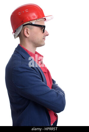 profile portrait of man wearing construction helmet. Isolated on white Stock Photo