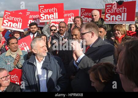 Labour leader Jeremy Corbyn (centre left) in Stoke-on-Trent where he was congratulating the city's new MP, Gareth Snell (centre right) who fought-off a challenge by Ukip leader Paul Nuttall to the seat. Stock Photo