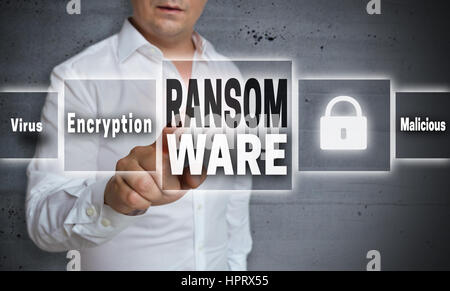 Ransomware concept background is shown by man. Stock Photo