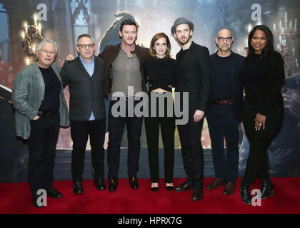 (left to right) Composer Alan Menken, director Bill Condon, Luke Evans, Emma Watson, Dan Stevens, Stanley Tucci and Audra Mcdonald during a photo call with the cast of Beauty and the Beast, at The Corinthia Hotel, London. Stock Photo