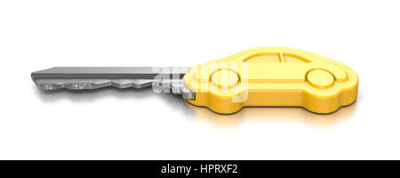 One Single Metal Key with Yellow Plastic Head in the Shape of a Car on White Background 3D Illustration Stock Photo