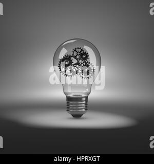 One Single Light Bulb with Metallic Gears Inside under Spotlight 3D Illustration Stock Photo