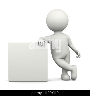 White 3D Character Leaned on a Blank Squared Bill Illustration on White Background Stock Photo