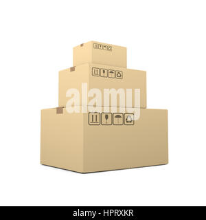 Heap of Closed Beige Cardboard Boxes on White Background 3D Illustration Stock Photo