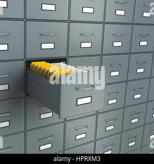 Metallic Archive Rack with One Open Drawer Full of Yellow Document Folders, Find Documents Concept 3D Illustration Stock Photo