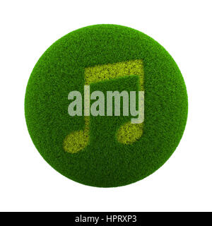 Green Globe with Grass Cutted in the Shape of Musical Note Symbol 3D Illustration Isolated on White Background Stock Photo