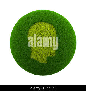 Green Globe with Grass Cutted in the Shape of a Human Head Profile 3D Illustration Isolated on White Background Stock Photo