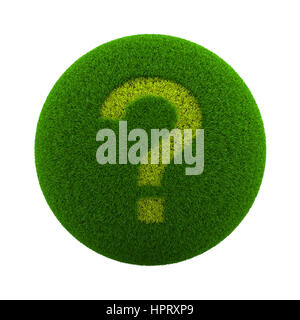 Green Globe with Grass Cutted in the Shape of a Question Mark Symbol 3D Illustration Isolated on White Background Stock Photo