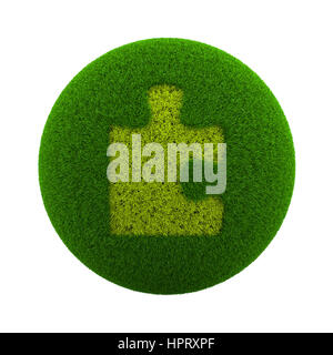 Green Globe with Grass Cutted in the Shape of a Puzzle Piece 3D Illustration Isolated on White Background Stock Photo