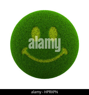 Green Globe with Grass Cutted in the Shape of a Smile Symbol 3D Illustration Isolated on White Background Stock Photo
