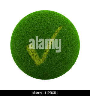 Green Globe with Grass Cutted in the Shape of V-Check Symbol 3D Illustration Isolated on White Background Stock Photo