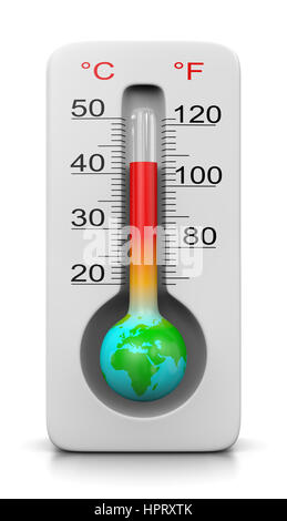 Earth in the Shape of a Thermometer on White Background 3D Illustration, Global Warming Concept Stock Photo