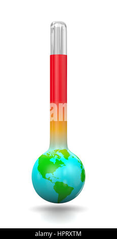 Earth in the Shape of a Thermometer isolated on White Background 3D Illustration, Global Warming Concept Stock Photo
