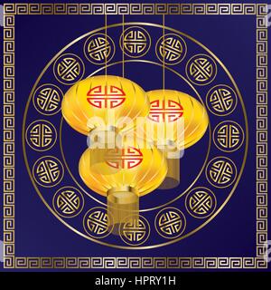 Golden lanterns on patterns background Stock Vector